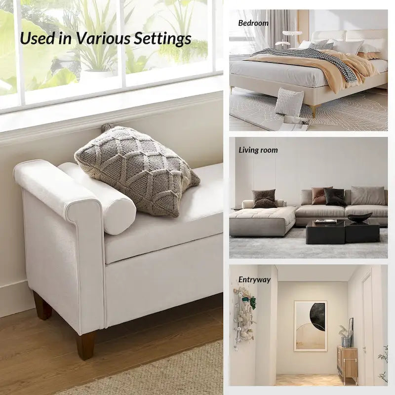 Panca contenitore imbottita salvia/avorio/grigio/beige con braccioli e 2 cuscini, 1 posto