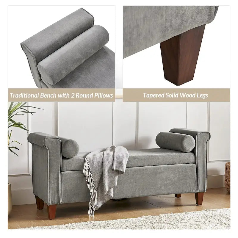 Panca contenitore imbottita salvia/avorio/grigio/beige con braccioli e 2 cuscini, 1 posto