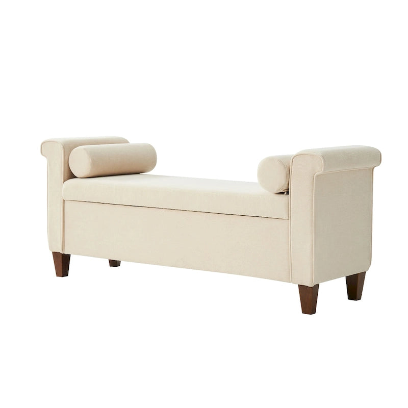 Panca contenitore imbottita salvia/avorio/grigio/beige con braccioli e 2 cuscini, 1 posto