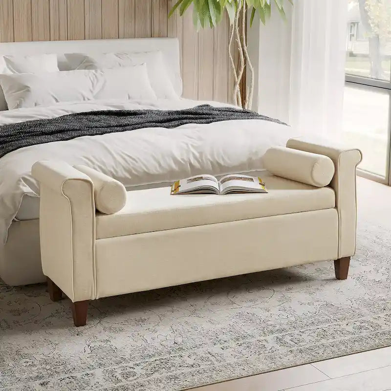 Panca contenitore imbottita salvia/avorio/grigio/beige con braccioli e 2 cuscini, 1 posto