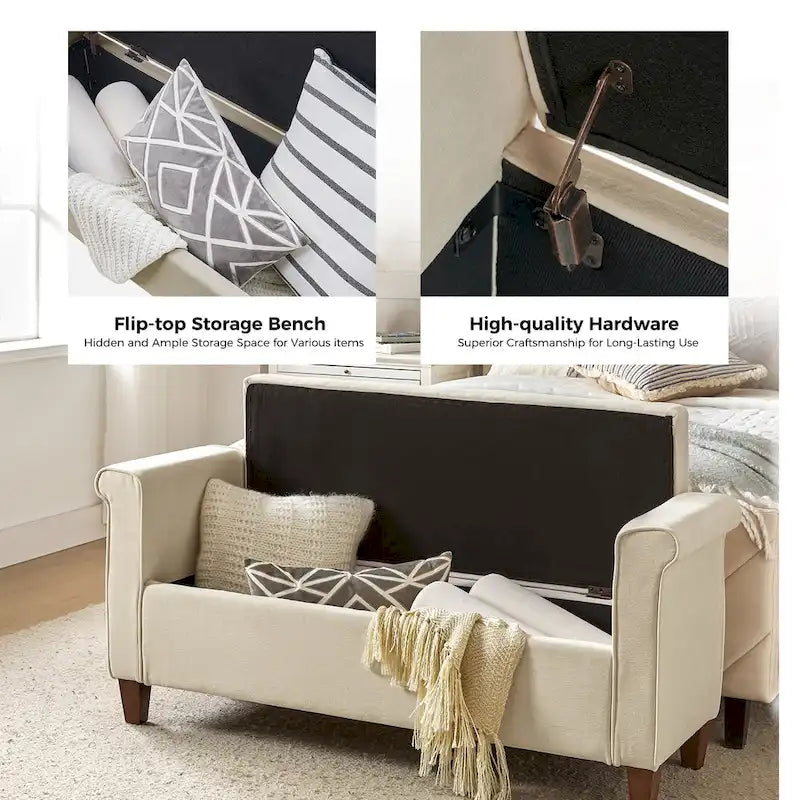 Panca contenitore imbottita salvia/avorio/grigio/beige con braccioli e 2 cuscini, 1 posto