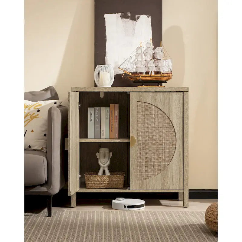 Madia in rovere e rattan con ante, mobile contenitore con 2 ripiani, per 1-2 utenti