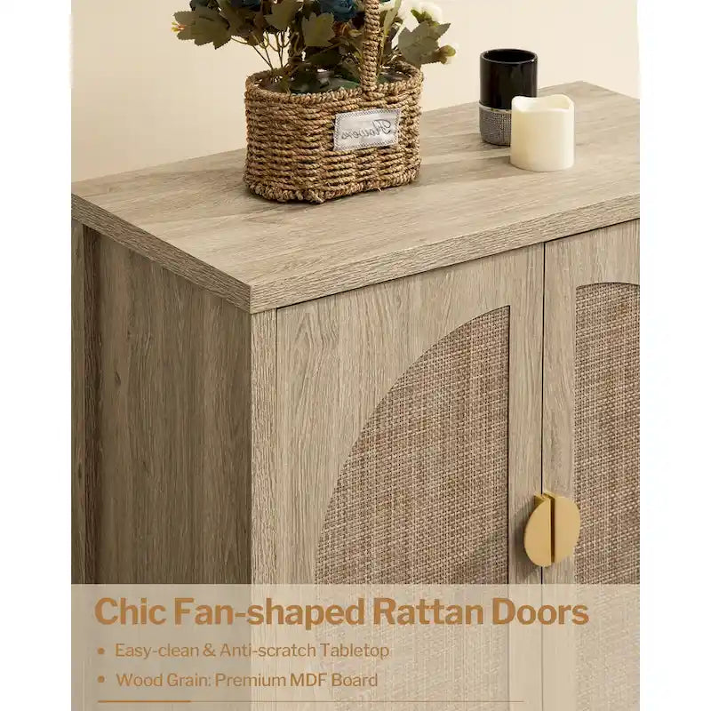 Madia in rovere e rattan con ante, mobile contenitore con 2 ripiani, per 1-2 utenti