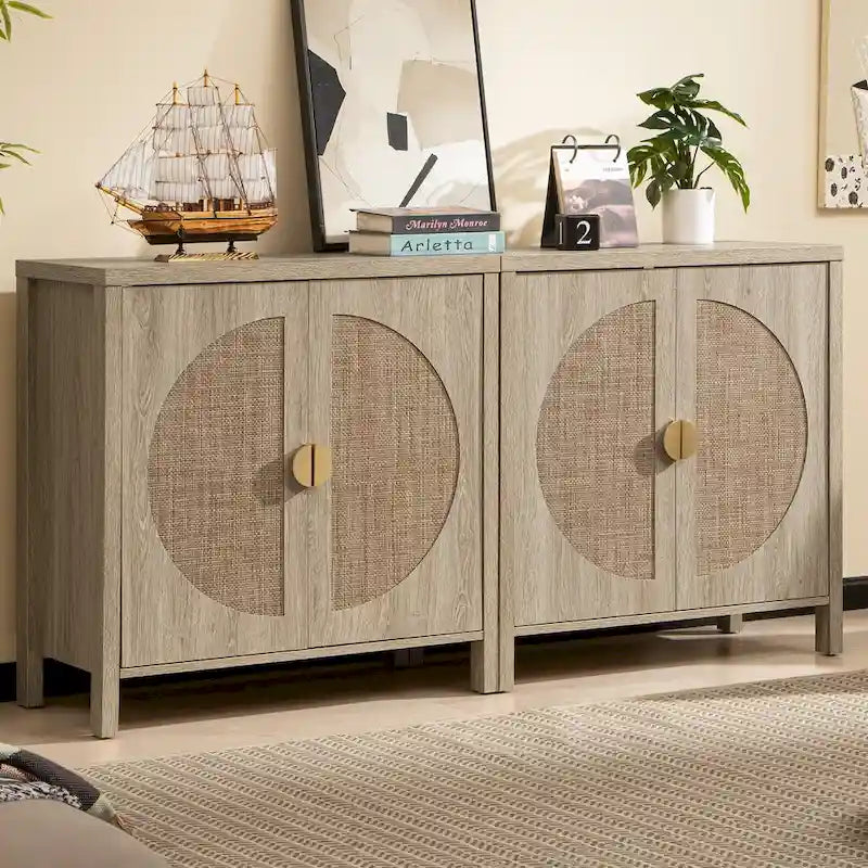 Madia in rovere e rattan con ante, mobile contenitore con 2 ripiani, per 1-2 utenti