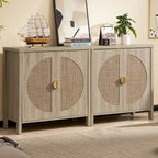 Madia in rovere e rattan con ante, mobile contenitore con 2 ripiani, per 1-2 utenti