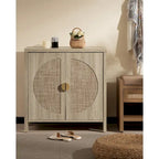 Madia in rovere e rattan con ante, mobile contenitore con 2 ripiani, per 1-2 utenti