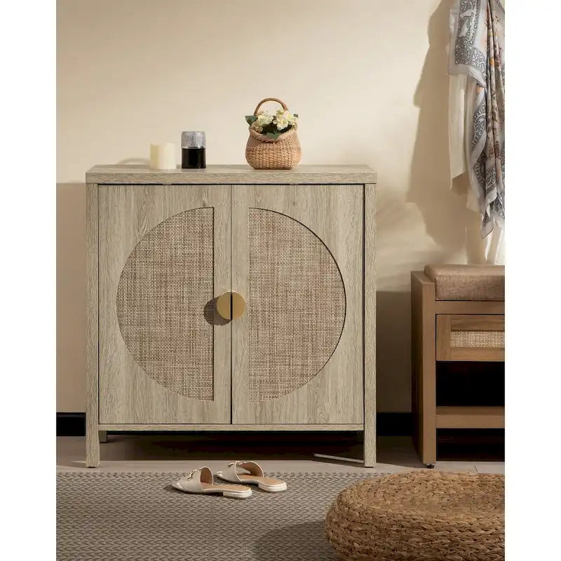 Madia in rovere e rattan con ante, mobile contenitore con 2 ripiani, per 1-2 utenti