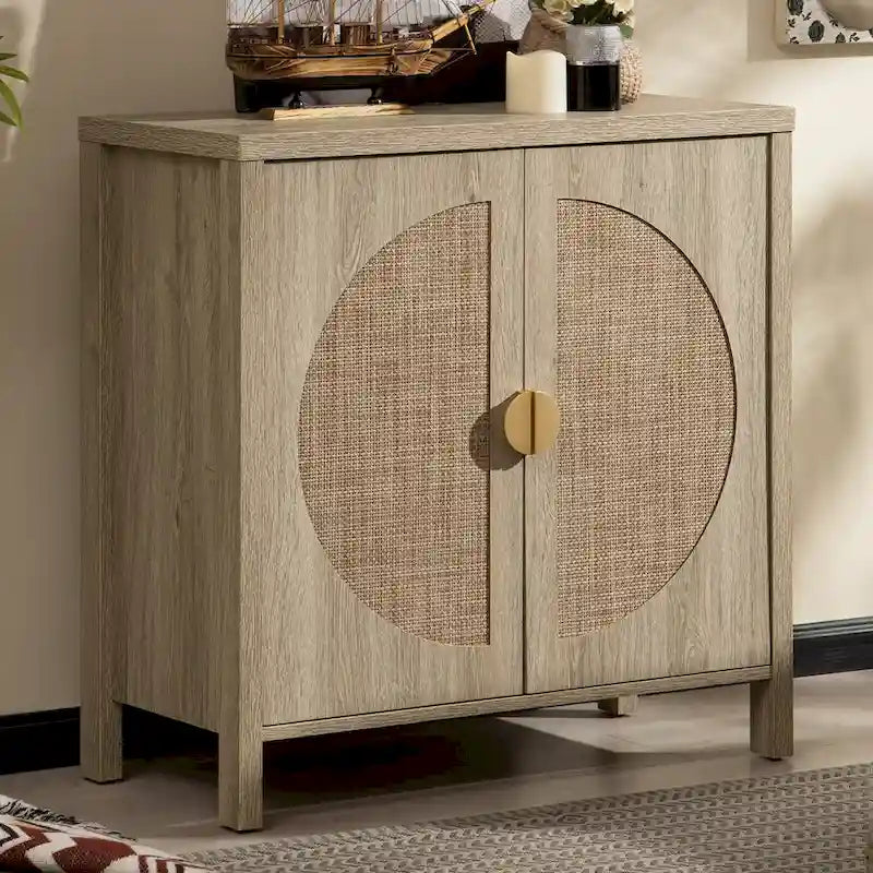 Madia in rovere e rattan con ante, mobile contenitore con 2 ripiani, per 1-2 utenti