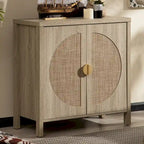 Madia in rovere e rattan con ante, mobile contenitore con 2 ripiani, per 1-2 utenti