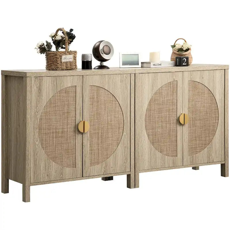 Madia in rovere e rattan con ante, mobile contenitore con 2 ripiani, per 1-2 utenti