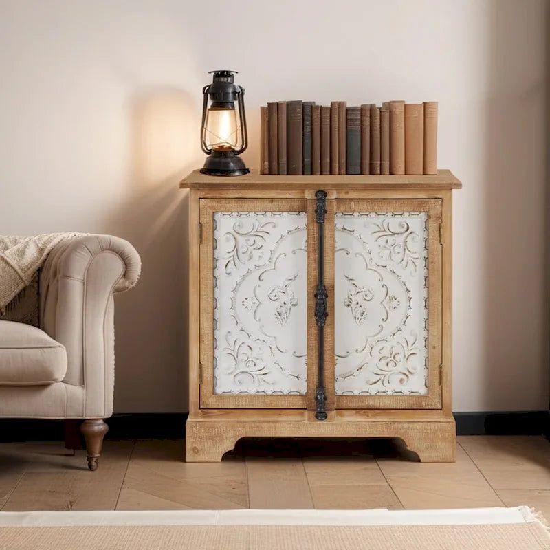 Mobiletto contenitore a 2 ante con rilievo floreale bianco/naturale, montaggio da 1 persona
