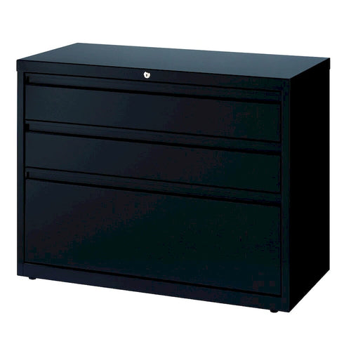 Schedario laterale in metallo nero a 3 cassetti, largo 91 cm, con serratura