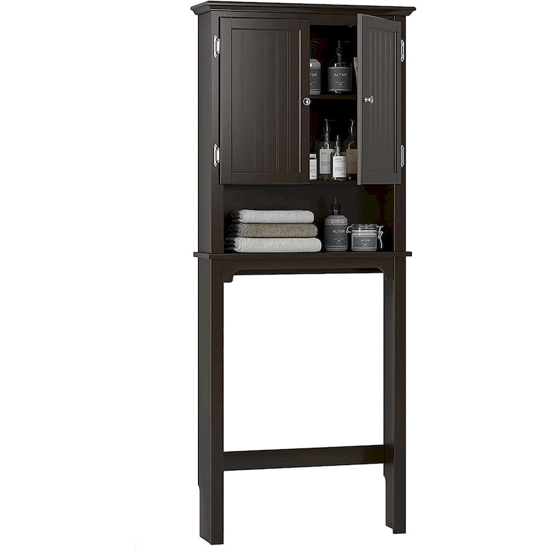 Armadietto da Bagno Salvaspazio Sopra-WC con Ripiani Regolabili e Doppie Ante – Espresso / Bianco