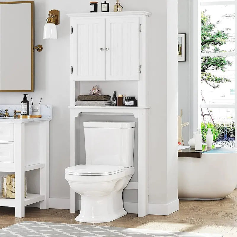 Armadietto da Bagno Salvaspazio Sopra-WC con Ripiani Regolabili e Doppie Ante – Espresso / Bianco