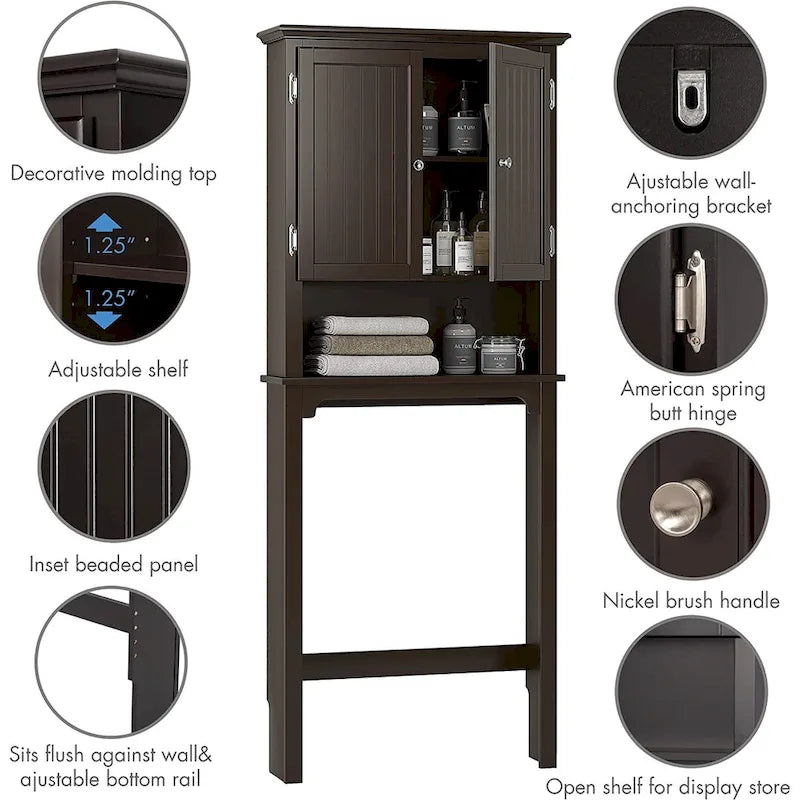 Armadietto da Bagno Salvaspazio Sopra-WC con Ripiani Regolabili e Doppie Ante – Espresso / Bianco