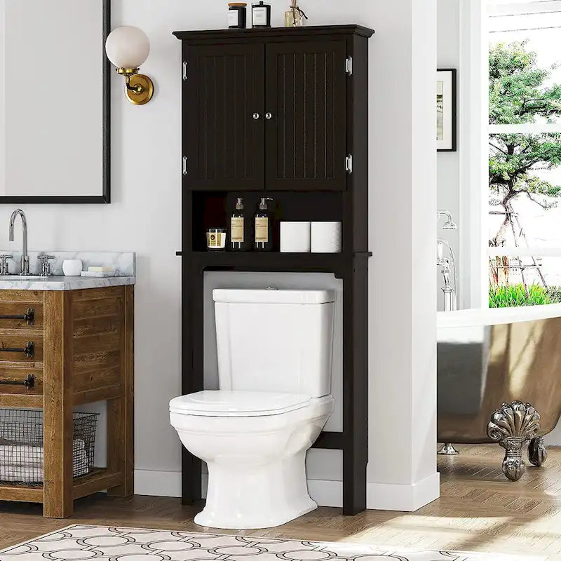 Armadietto da Bagno Salvaspazio Sopra-WC con Ripiani Regolabili e Doppie Ante – Espresso / Bianco