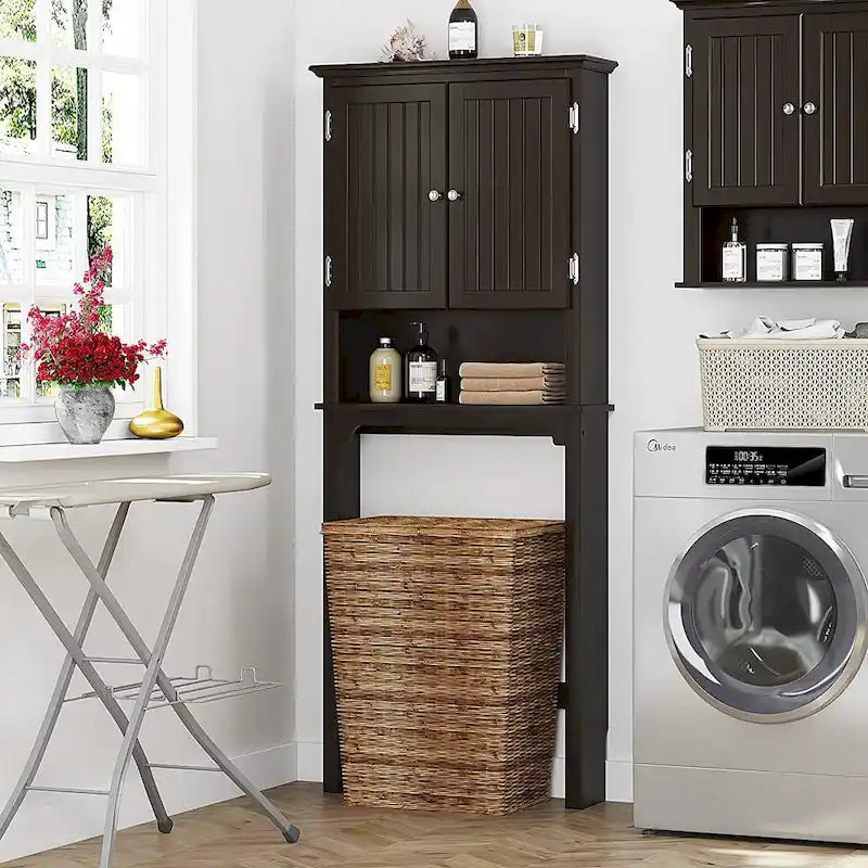 Armadietto da Bagno Salvaspazio Sopra-WC con Ripiani Regolabili e Doppie Ante – Espresso / Bianco