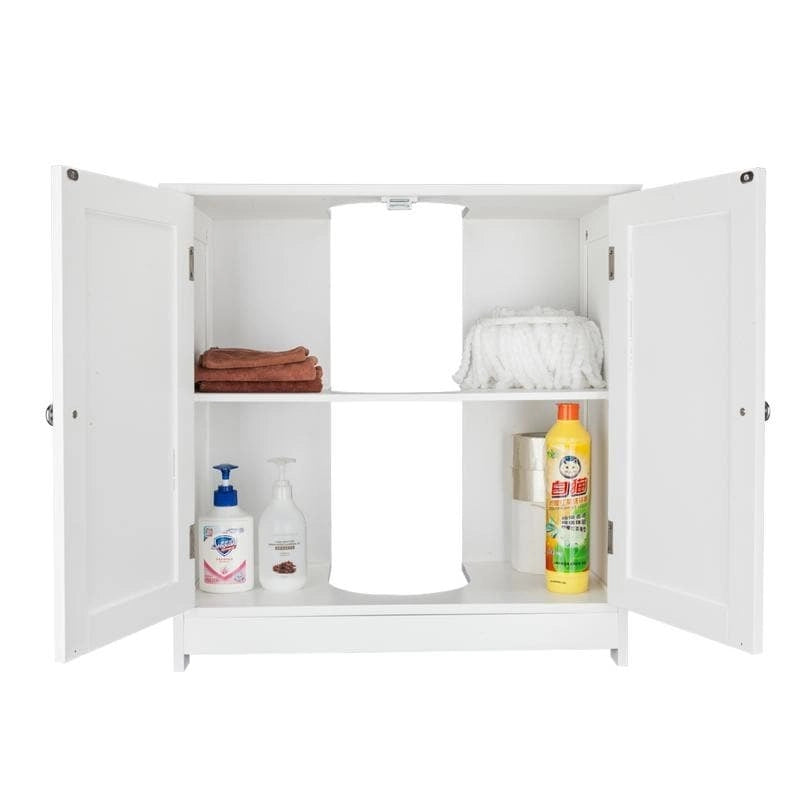 Bianco/Naturale, Mobiletto da bagno sottolavabo a 2 ante, per una persona