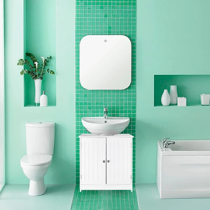 Bianco/Naturale, Mobiletto da bagno sottolavabo a 2 ante, per una persona