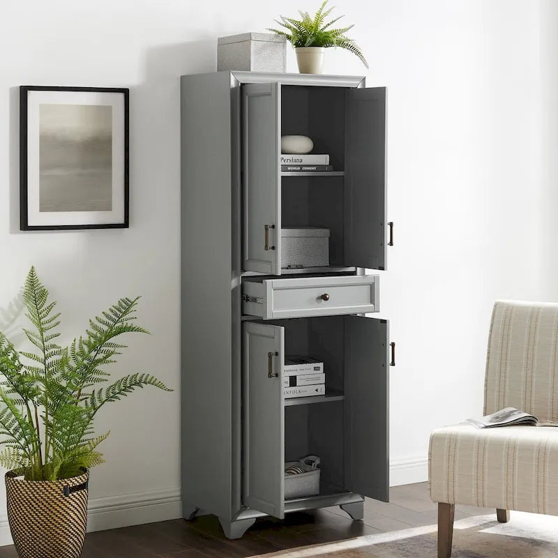 Dispensa grigia effetto invecchiato con cassetto e doppie ante, assemblaggio per 1 persona