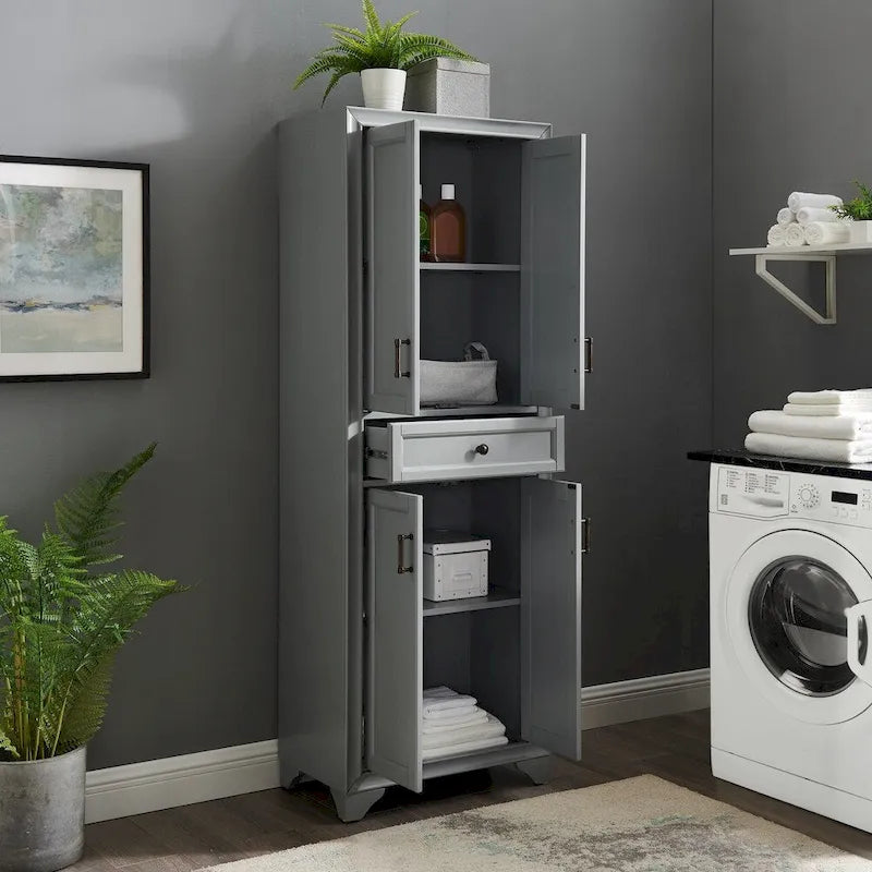 Dispensa grigia effetto invecchiato con cassetto e doppie ante, assemblaggio per 1 persona