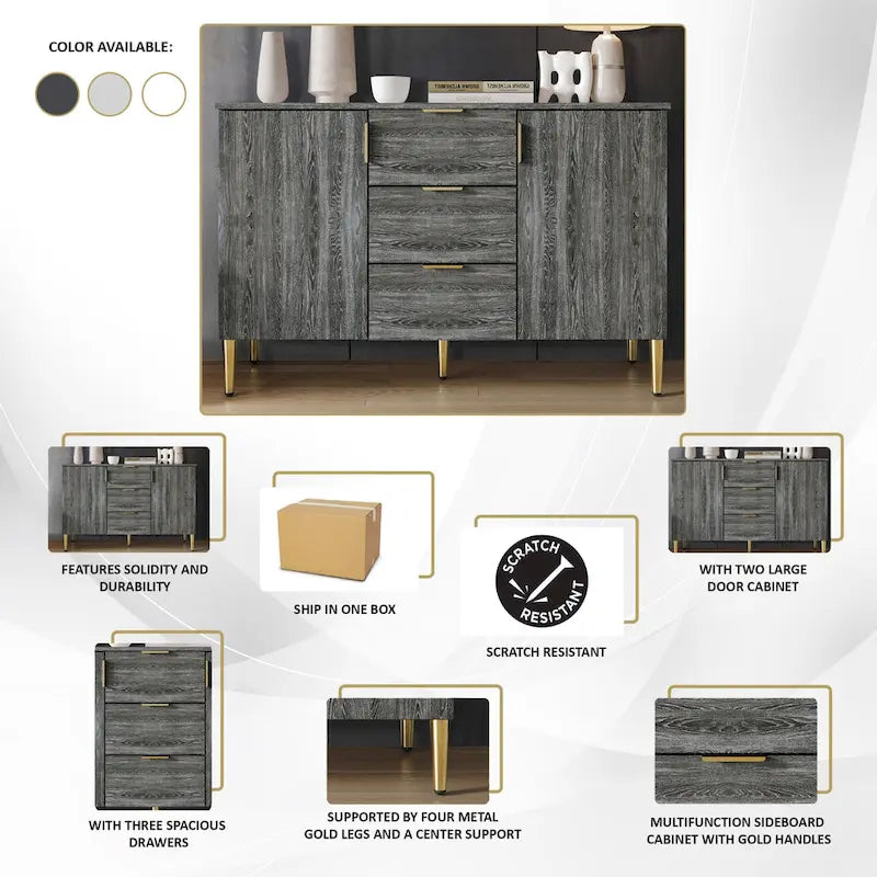 Credenza moderna bianca/grigio chiaro/grigio scuro con 3 cassetti e 2 ante