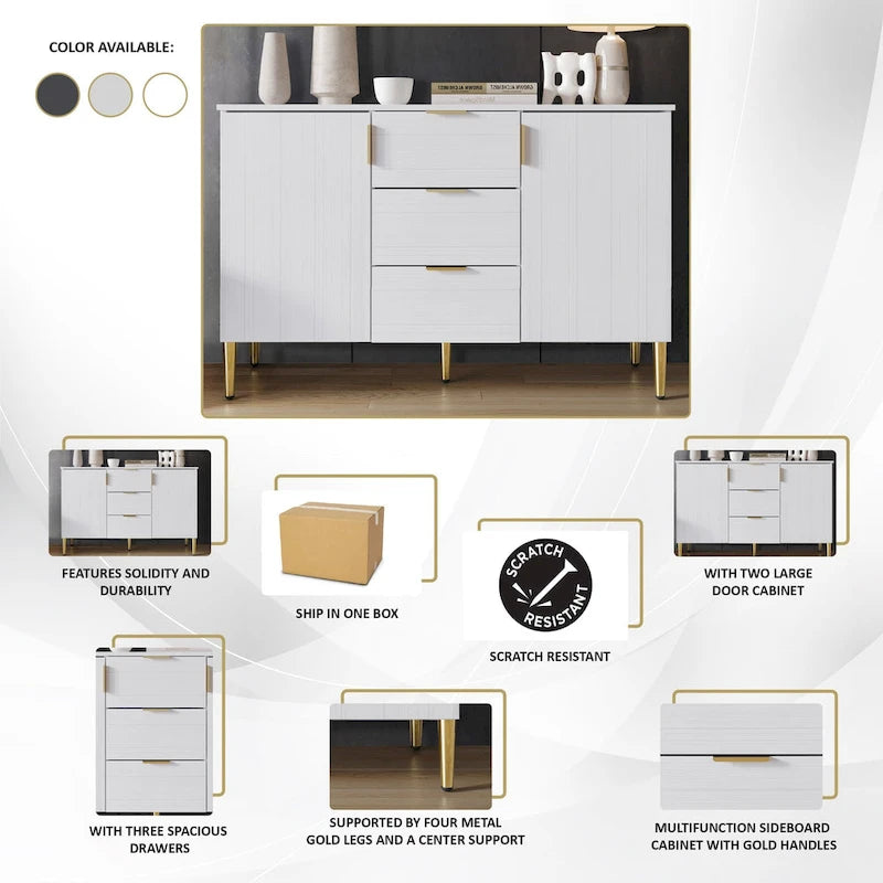 Credenza moderna bianca/grigio chiaro/grigio scuro con 3 cassetti e 2 ante