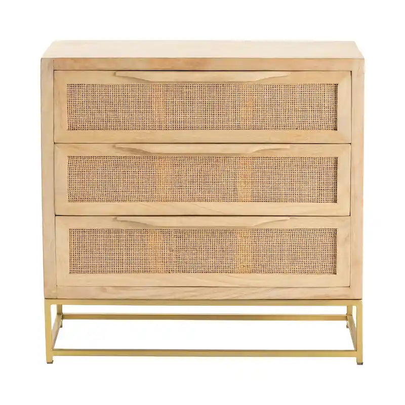 Cassettiera a 3 cassetti in legno naturale con frontale in canna, singolo, 76 cm L x 35,5 cm P x 71 cm A