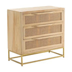 Cassettiera a 3 cassetti in legno naturale con frontale in canna, singolo, 76 cm L x 35,5 cm P x 71 cm A