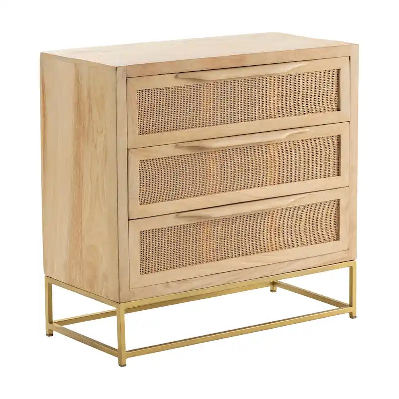 Cassettiera a 3 cassetti in legno naturale con frontale in canna, singolo, 76 cm L x 35,5 cm P x 71 cm A