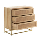 Cassettiera a 3 cassetti in legno naturale con frontale in canna, singolo, 76 cm L x 35,5 cm P x 71 cm A
