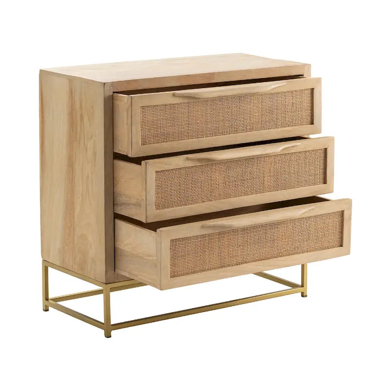 Cassettiera a 3 cassetti in legno naturale con frontale in canna, singolo, 76 cm L x 35,5 cm P x 71 cm A