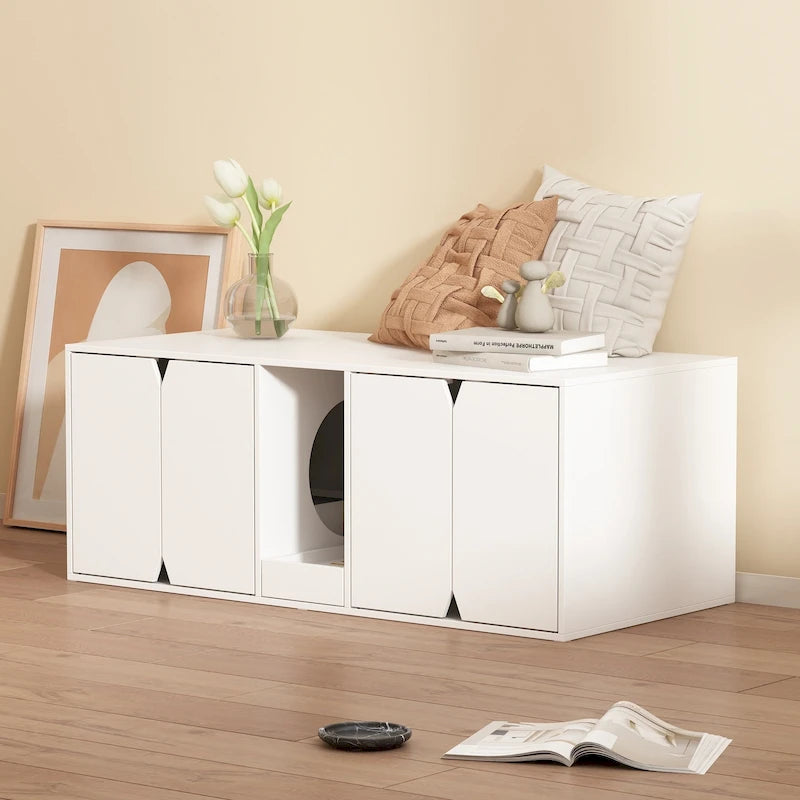 Lettiera a cassetta bianca in legno per gatti, doppio design a toilette, per 2 gatti