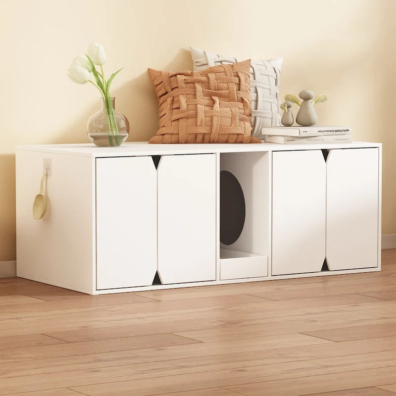 Lettiera a cassetta bianca in legno per gatti, doppio design a toilette, per 2 gatti
