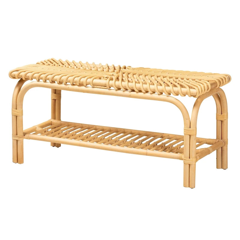 Panca d'appoggio in Rattan Naturale Marrone con Ripiano, 1 Posto