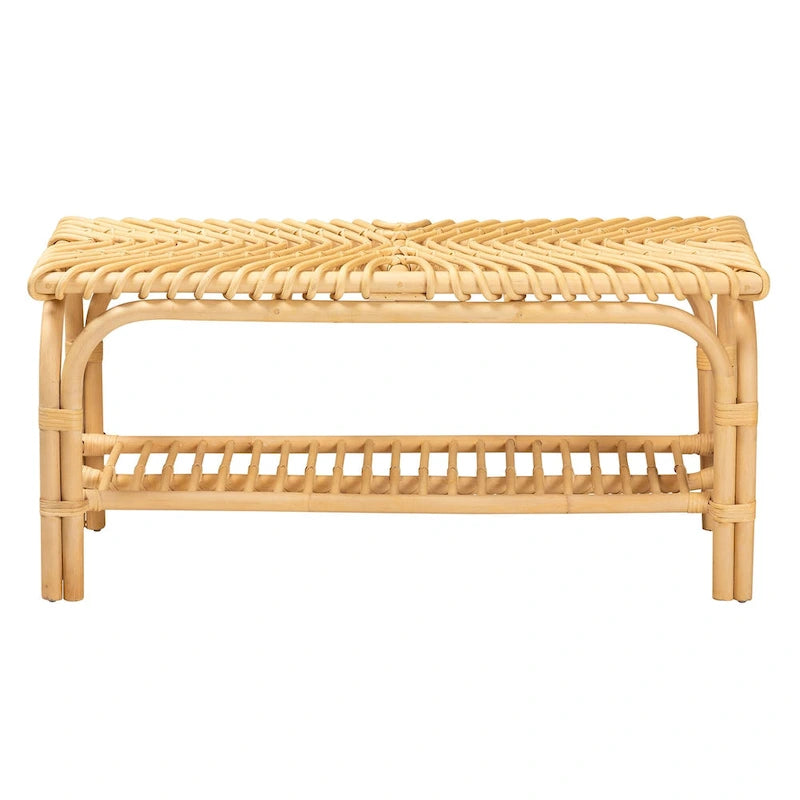 Panca d'appoggio in Rattan Naturale Marrone con Ripiano, 1 Posto