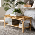 Panca d'appoggio in Rattan Naturale Marrone con Ripiano, 1 Posto