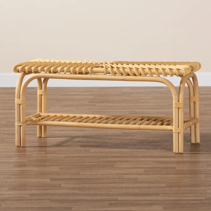 Panca d'appoggio in Rattan Naturale Marrone con Ripiano, 1 Posto