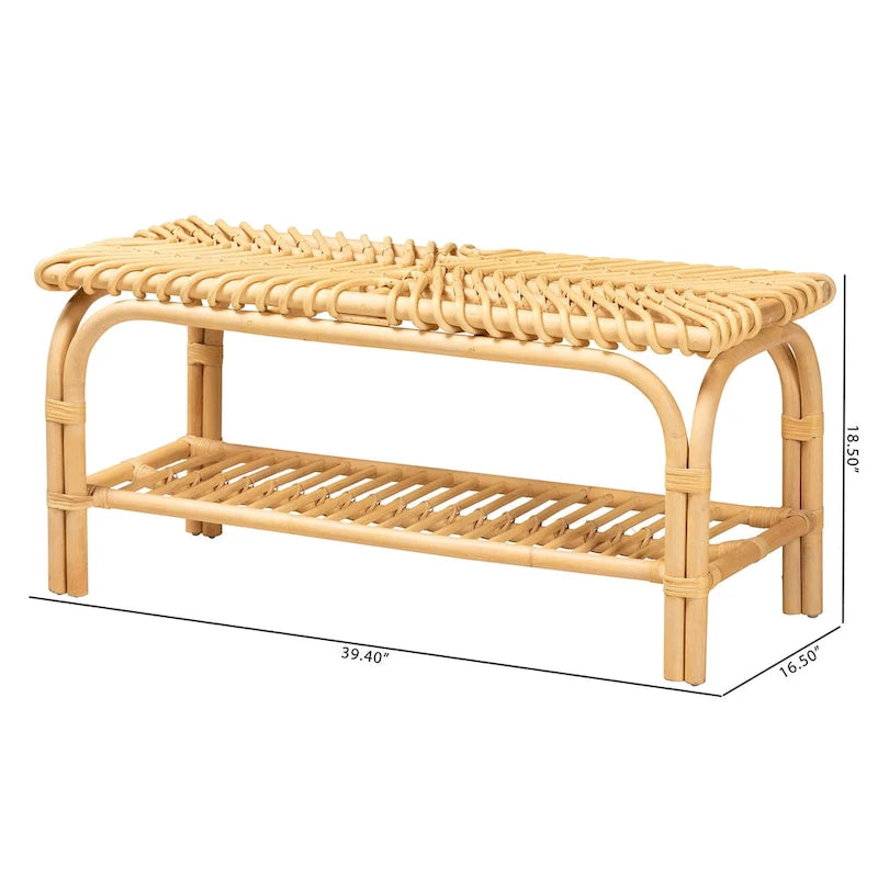 Panca d'appoggio in Rattan Naturale Marrone con Ripiano, 1 Posto