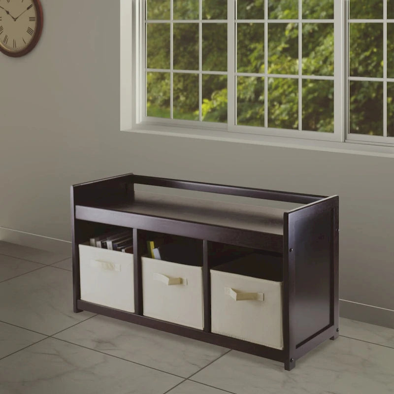 Panca Contenitore Espresso con 3 Cesti Pieghevoli in Tessuto – Beige o Nero, 1 Posto a Sedere