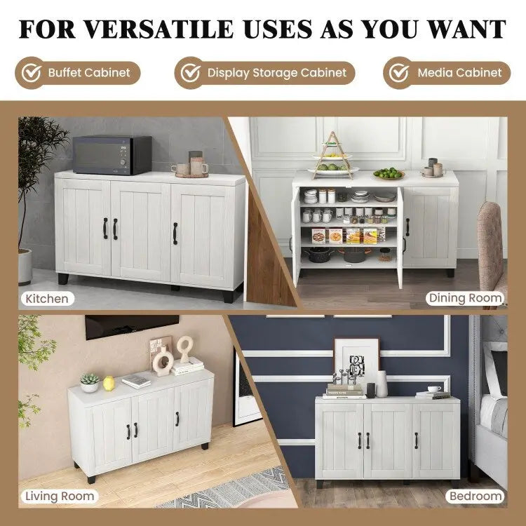 Credenza bianca a 3 ante con ripiani regolabili, montaggio in 1 persona