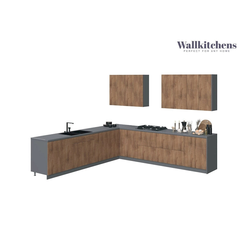 Set di mobili da cucina modulari color tortora/nero/argento/bianco, larghezza 3,35 m