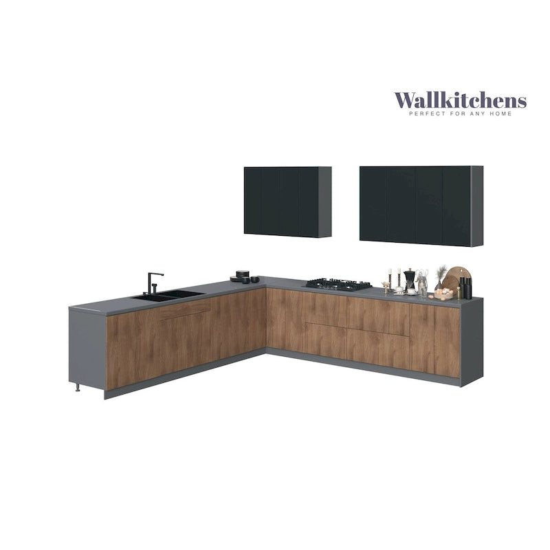 Set di mobili da cucina modulari color tortora/nero/argento/bianco, larghezza 3,35 m