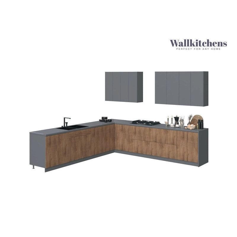 Set di mobili da cucina modulari color tortora/nero/argento/bianco, larghezza 3,35 m