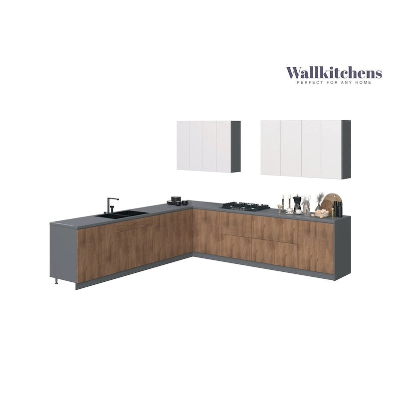 Set di mobili da cucina modulari color tortora/nero/argento/bianco, larghezza 3,35 m