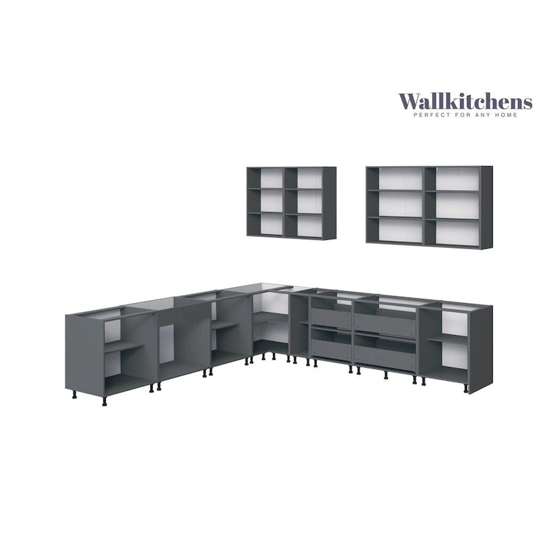 Set di mobili da cucina modulari color tortora/nero/argento/bianco, larghezza 3,35 m