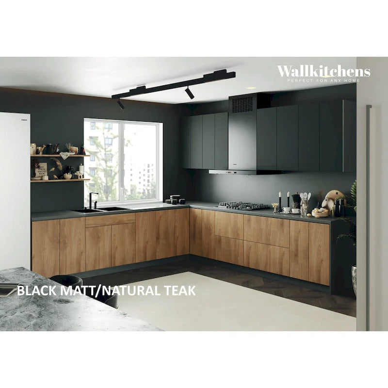 Set di mobili da cucina modulari color tortora/nero/argento/bianco, larghezza 3,35 m