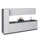 Set di mobili da cucina laccati bianchi lucidi, larghezza 3,35 m, cucina completa