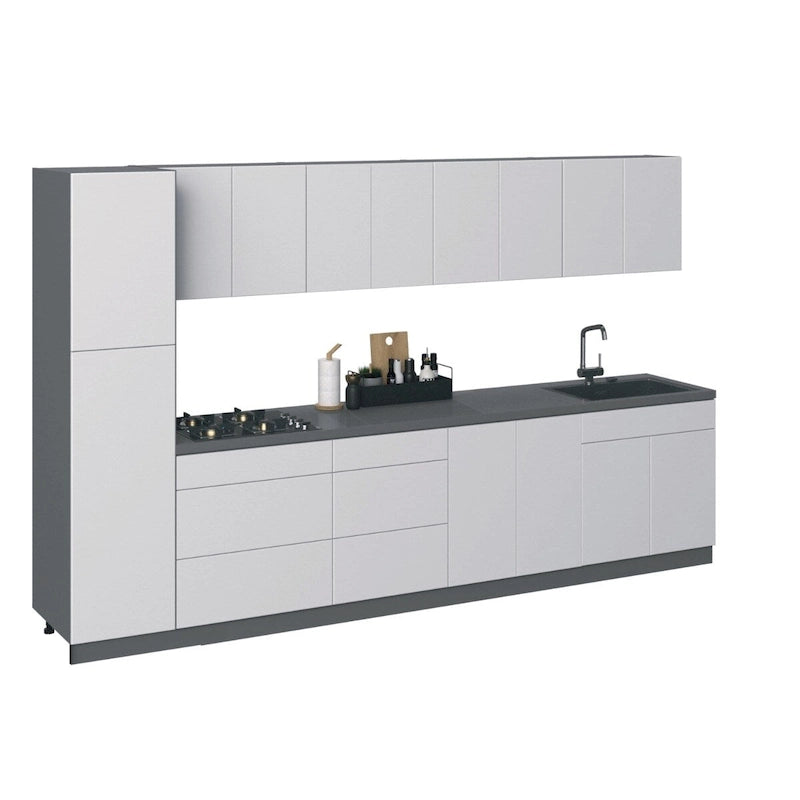 Set di mobili da cucina laccati bianchi lucidi, larghezza 3,35 m, cucina completa