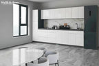 Set di mobili da cucina laccati bianchi lucidi, larghezza 3,35 m, cucina completa